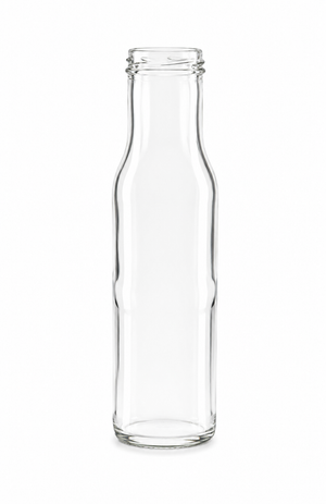 Clear 250ml round glass sauce bottle with 43mm twist-off neck finish
