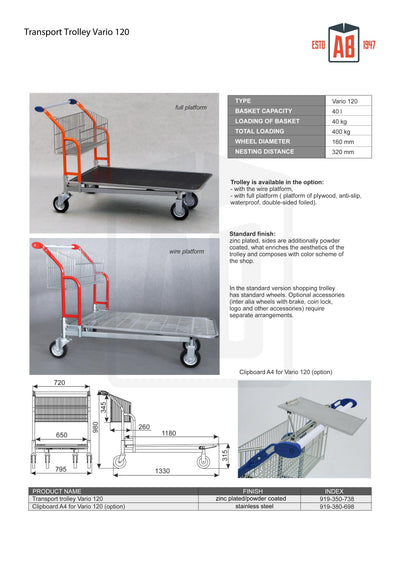 Vario 120 Transport Trolley – Fixed Basket Trolley with Wire Platform