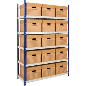 Archive Shelving Unit with 15 Archive Boxes 1200W x 450D x 1770H mm - 265kg Per Shelf
