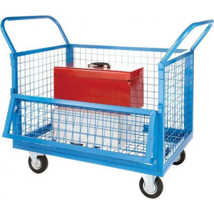 Mesh Sided Container Platform Trolley with Drop Down Front, 250kg Capacity, 615 x 1155 x 905mm